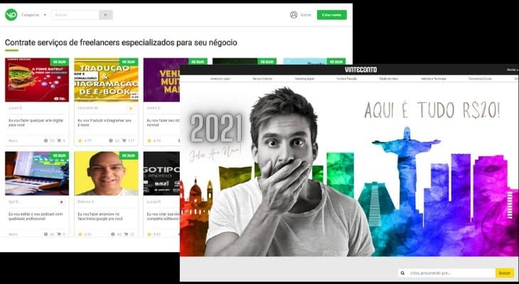 Homepage do site vintepila pra ganhar renda extra fazendo freelancer