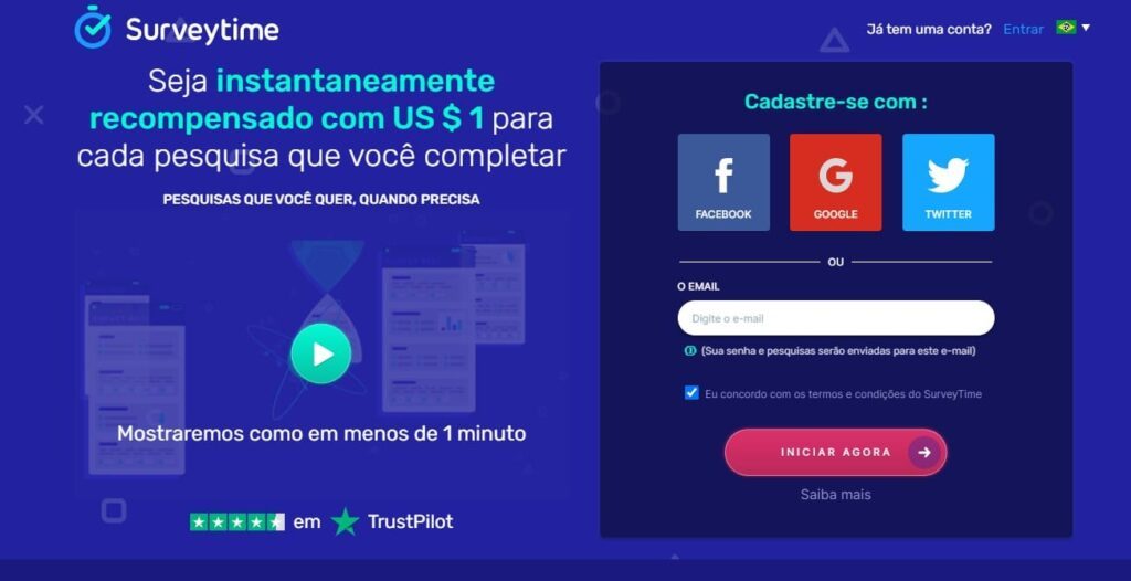 Homepage do site surveytime pra ganhar renda extra fazendo pesquisa