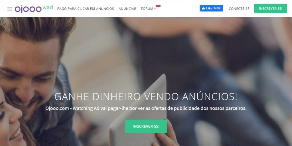 Homepage do site Ojooo pra ganhar renda extra vendo anúncios
