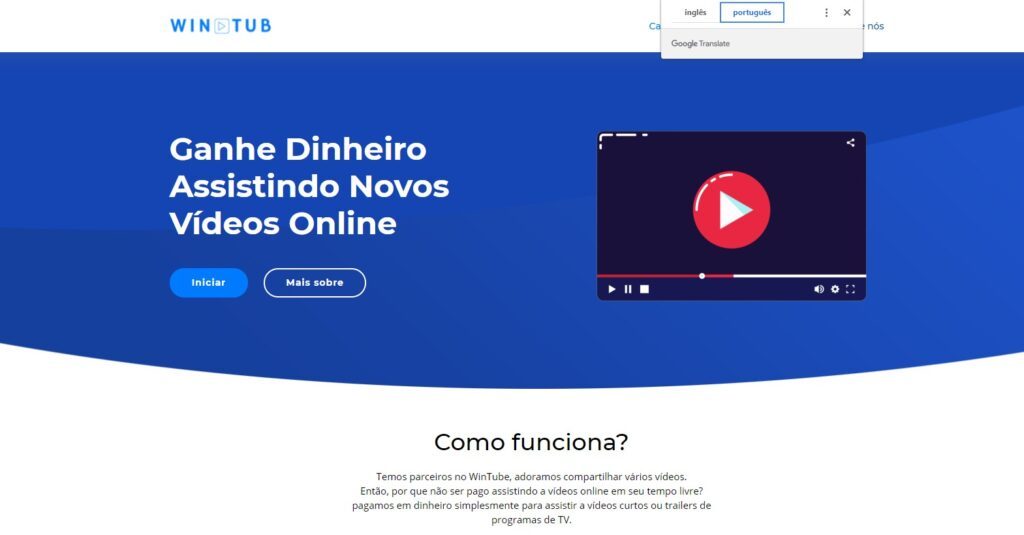 Homepage do Site Wintube pra Ganhar dinheiro assistindo vídeo