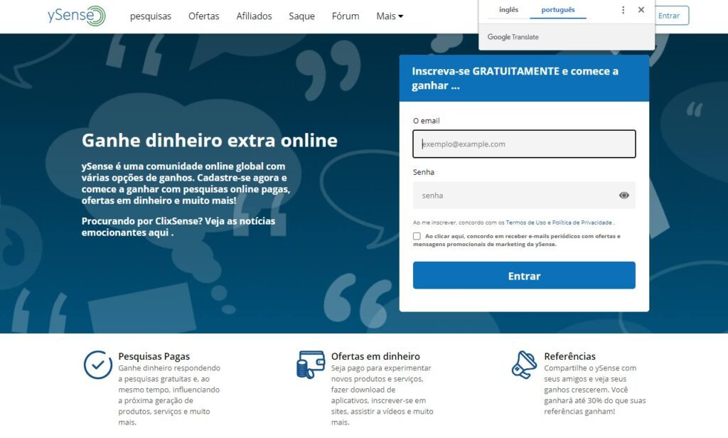Homepage site Ysense pra ganhar dinheiro fazendo pesquisa 